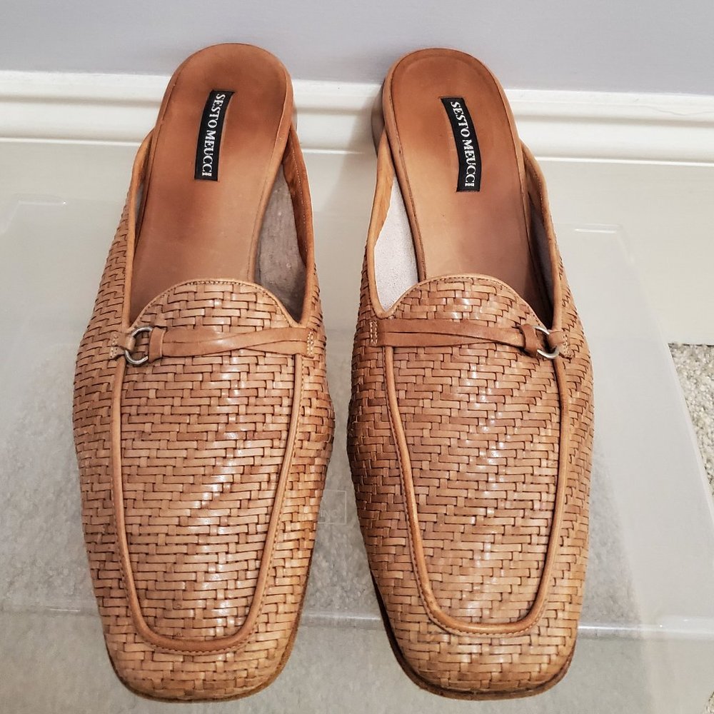 Sesto Meucci Tan Woven Leather Mules